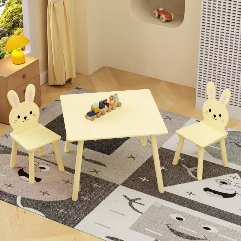 Set Tavolo e Sedie per Bambini con 2 Sedie a Coniglio, Tavolo da Attività in Legno per Bambini, Set da Studio e Gioco con Design Animale Carino per la Stanza dei Giochi