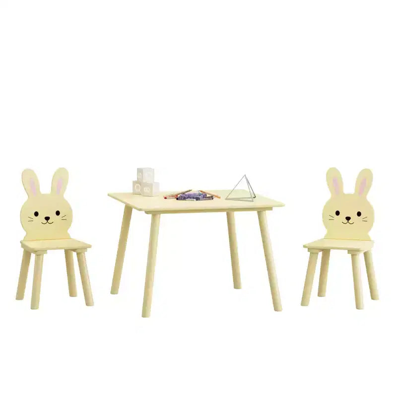 Set Tavolo e Sedie per Bambini con 2 Sedie a Coniglio, Tavolo da Attività in Legno per Bambini, Set da Studio e Gioco con Design Animale Carino per la Stanza dei Giochi