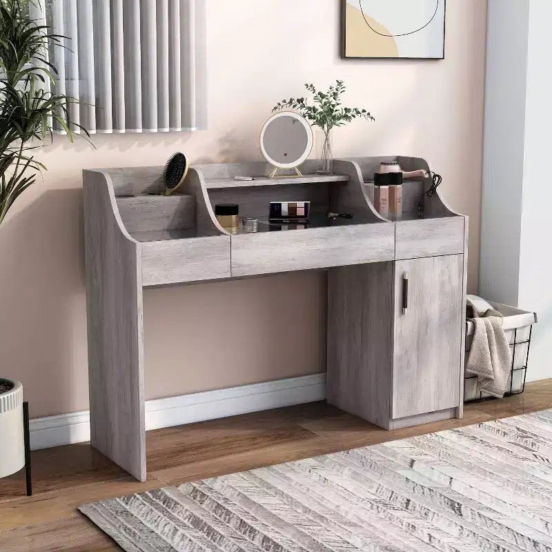 Toeletta da trucco contemporanea Peacemeld da 49" a 3 cassetti con piano in vetro bianco costiero: toeletta da camera da letto con ampio spazio di archiviazione