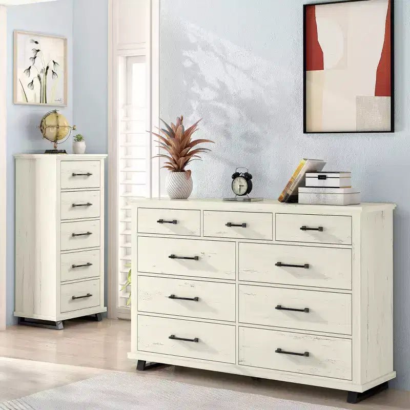 Comò contemporaneo a 9 cassetti 2 pezzi e cassettiera a 5 cassetti da 24 pollici colore bianco sporco effetto taglio sega: Conforme agli standard di sicurezza ASTM, per camera da letto