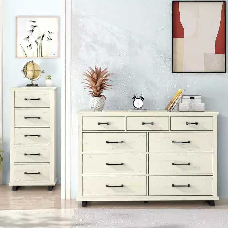 Comò contemporaneo a 9 cassetti 2 pezzi e cassettiera a 5 cassetti da 24 pollici colore bianco sporco effetto taglio sega: Conforme agli standard di sicurezza ASTM, per camera da letto