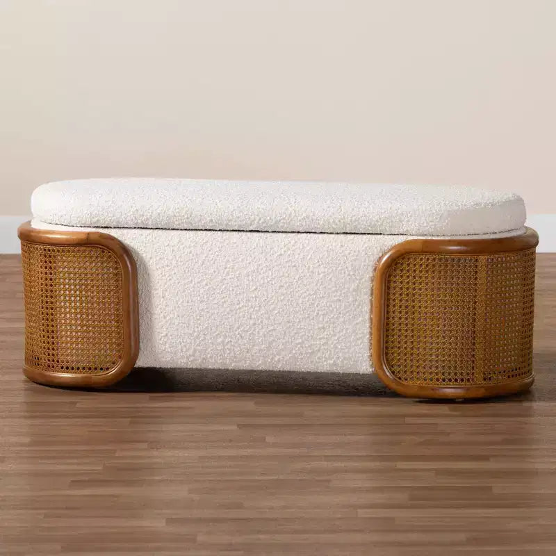 Panca contenitore in tessuto bouclé Basira: con coperchio sollevabile, ovale, stile Japandi
