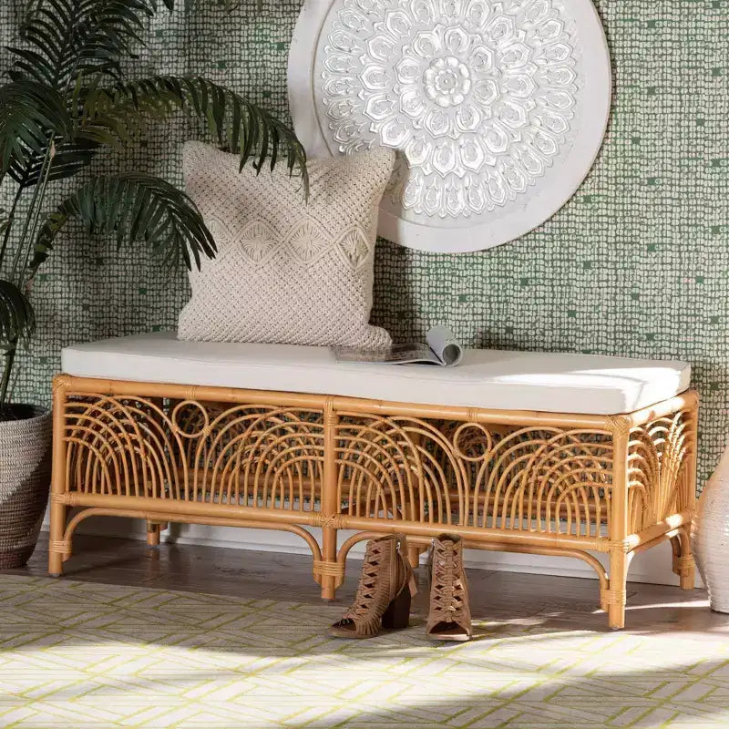 Panca in Rattan Materra Bianco/Miele Chiaro: Poliestere Imbottito, Nessun Montaggio, Pulire a Macchia
