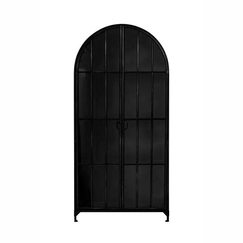 Armadietto Decorativo ad Arco da 193 cm Nero: Struttura in Ferro, Superficie in Vetro, Ripiani Fissi
