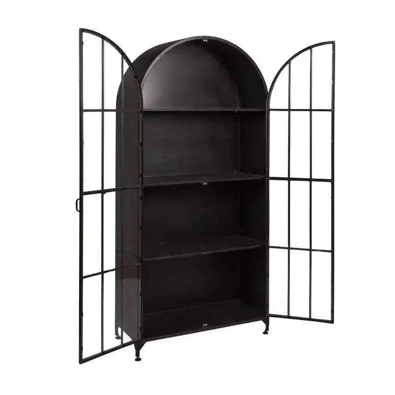 Armadietto Decorativo ad Arco da 193 cm Nero: Struttura in Ferro, Superficie in Vetro, Ripiani Fissi
