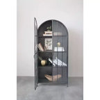 Armadietto Decorativo ad Arco da 193 cm Nero: Struttura in Ferro, Superficie in Vetro, Ripiani Fissi