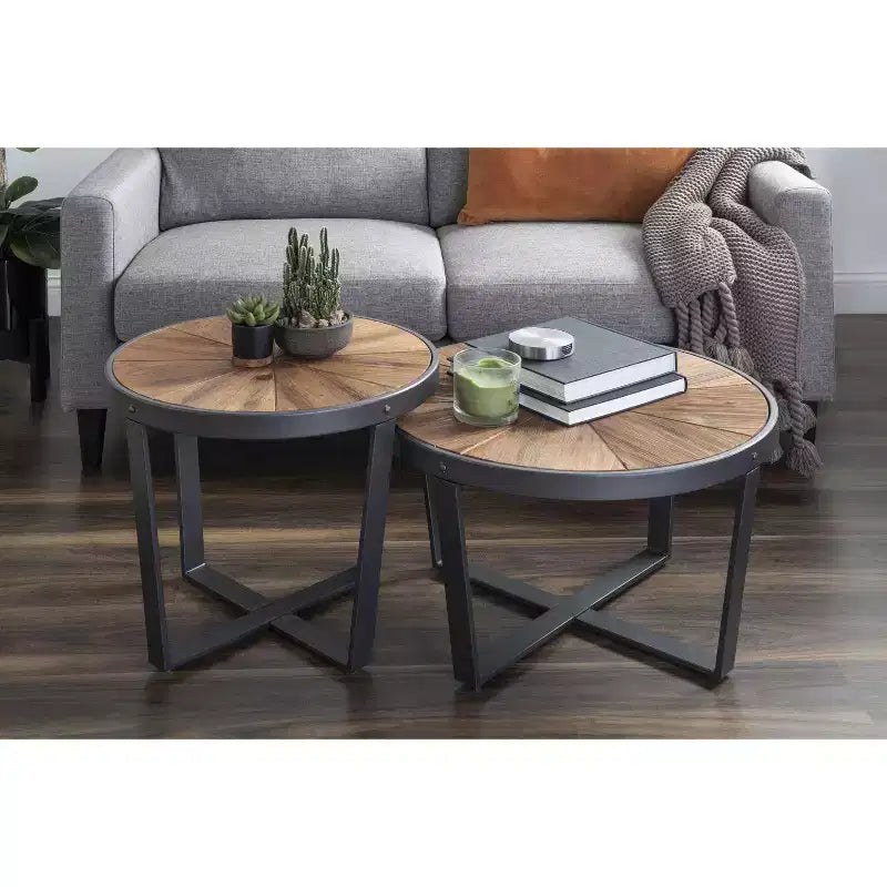 Tavolino da caffè rotondo in metallo Gerhardt, 24x24x15.5, marrone rustico e nero