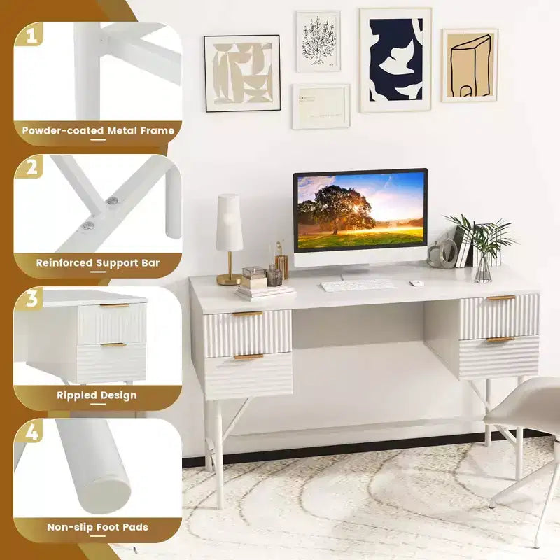 Scrivania per computer da 122 cm con 4 cassetti, struttura in metallo, moderna per studio/scrittura