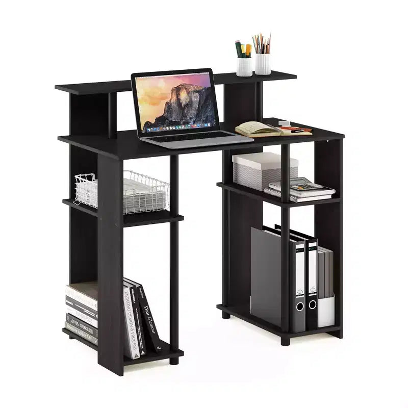 Scrivania per computer dal design semplice, postazione di lavoro per ufficio a casa, scrivania per studio, libreria aperta con supporto per CPU, noce