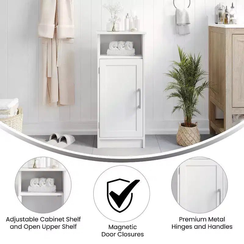 Mobiletto portaoggetti da bagno Vega con anta a chiusura magnetica, ripiano regolabile interno e ripiano superiore aperto