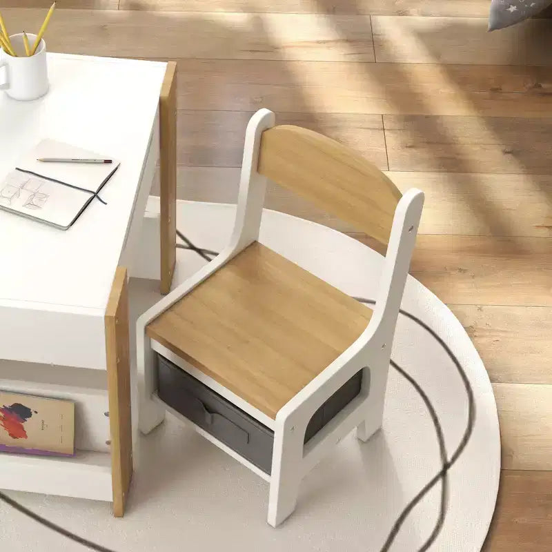 Qaba Set Tavolo e 2 Sedie per Bambini 3 Pezzi, Tavolino per Bambini 2 in 1 con Piano Reversibile, Lavagna, Contenitori e Scaffali