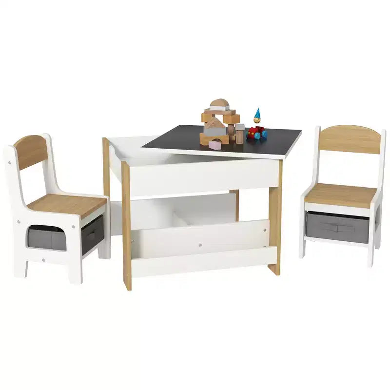 Qaba Set Tavolo e 2 Sedie per Bambini 3 Pezzi, Tavolino per Bambini 2 in 1 con Piano Reversibile, Lavagna, Contenitori e Scaffali