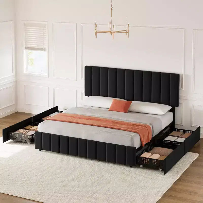Giroletto Queen Size con Testiera Regolabile e 4 Cassetti Contenitore, Struttura Letto Imbottita in Lino, Nessuna Necessità di Rete a Molle
