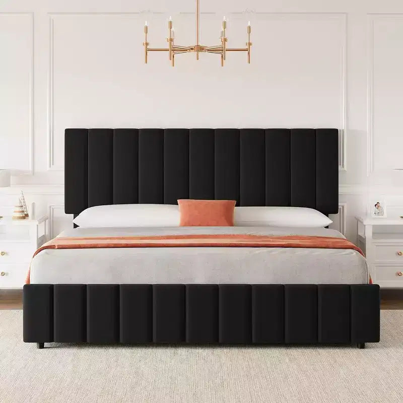 Giroletto Queen Size con Testiera Regolabile e 4 Cassetti Contenitore, Struttura Letto Imbottita in Lino, Nessuna Necessità di Rete a Molle