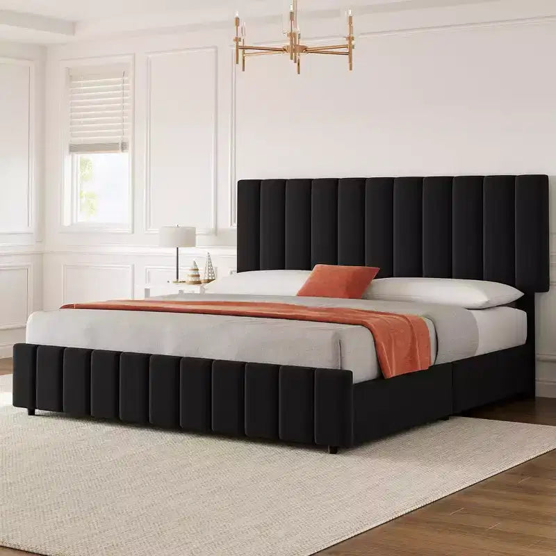 Giroletto Queen Size con Testiera Regolabile e 4 Cassetti Contenitore, Struttura Letto Imbottita in Lino, Nessuna Necessità di Rete a Molle