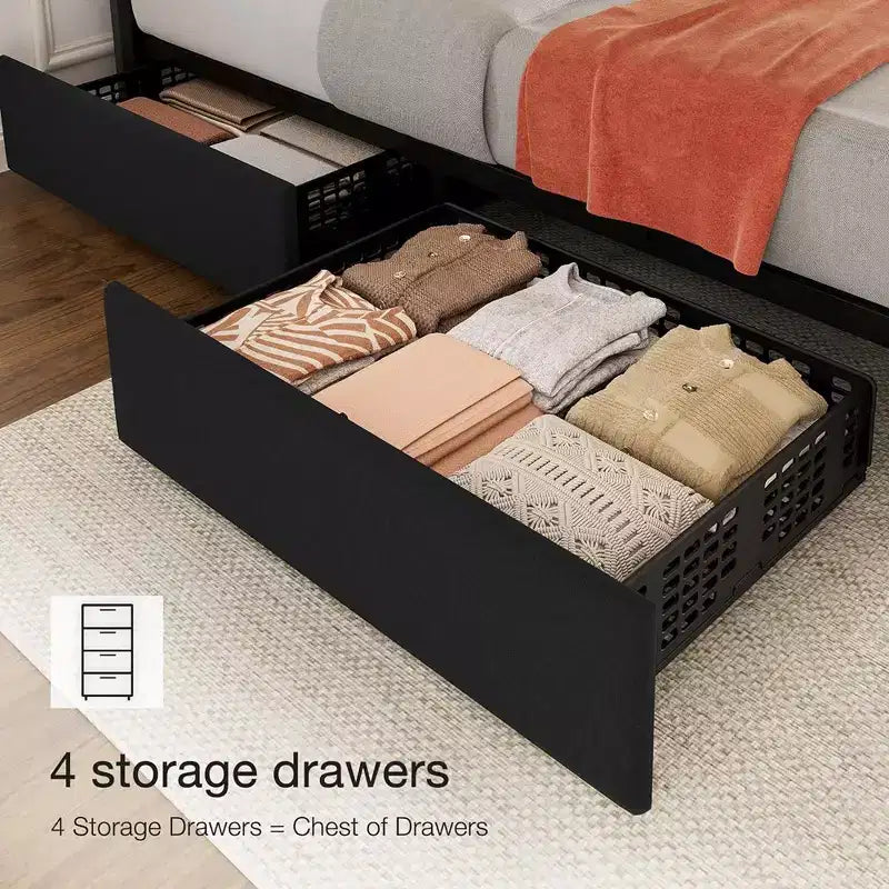Giroletto Queen Size con Testiera Regolabile e 4 Cassetti Contenitore, Struttura Letto Imbottita in Lino, Nessuna Necessità di Rete a Molle