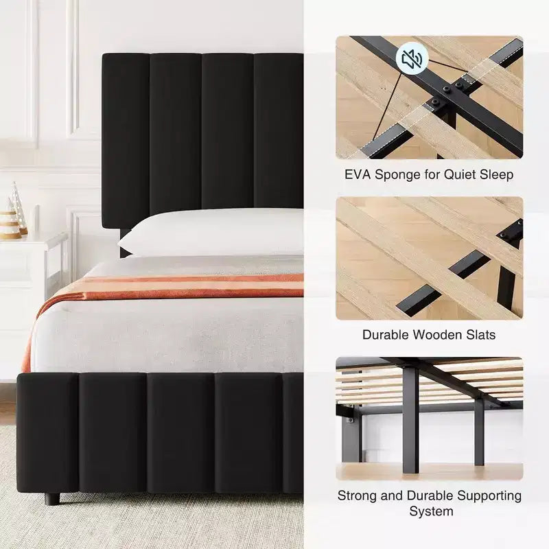 Giroletto Queen Size con Testiera Regolabile e 4 Cassetti Contenitore, Struttura Letto Imbottita in Lino, Nessuna Necessità di Rete a Molle
