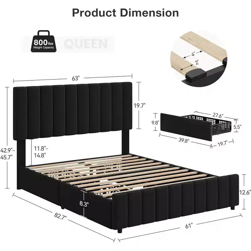 Giroletto Queen Size con Testiera Regolabile e 4 Cassetti Contenitore, Struttura Letto Imbottita in Lino, Nessuna Necessità di Rete a Molle