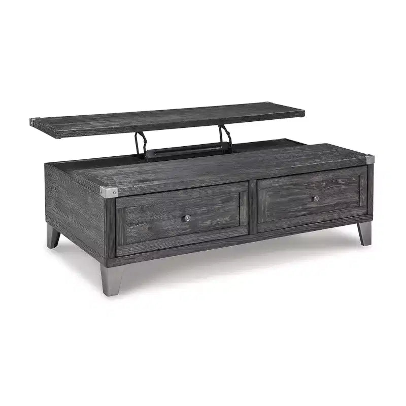 Signature Design by Ashley Todoe Tavolino da caffè sollevabile, Tavolino cocktail industriale rustico grigio scuro con due cassetti portaoggetti e vassoi rimovibili
